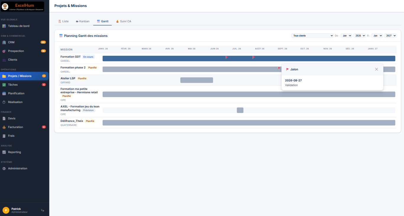 Hazo - Gantt missions Interface de gestion avec une liste d'éléments et leurs détails.