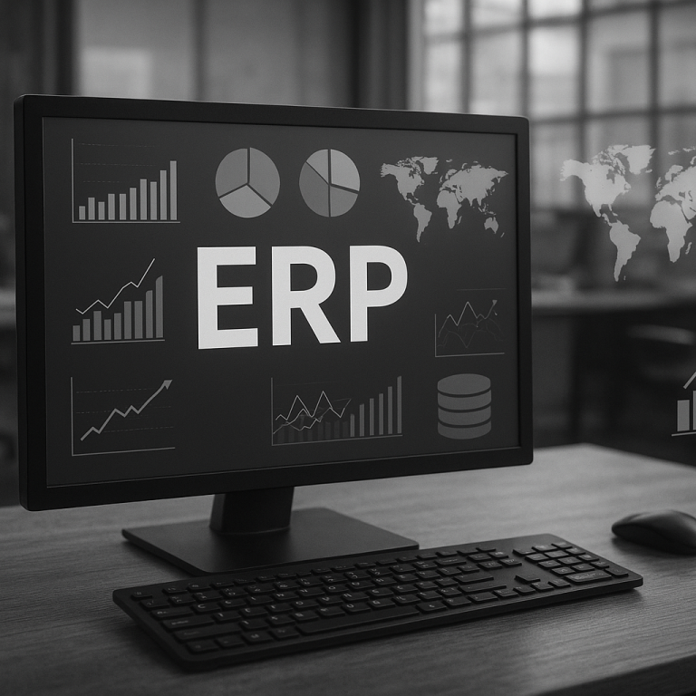 Écran d'ordinateur affichant des graphiques et le mot "ERP"