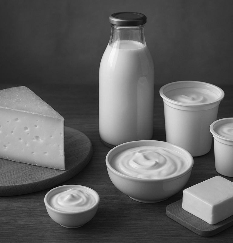 Produits laitiers en noir et blanc : lait, fromage, yaourt, crème dans des récipients variés.