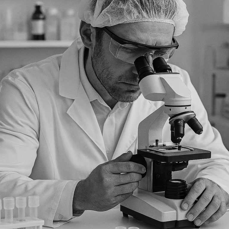 Chercheur observant un échantillon au microscope dans un laboratoire.
