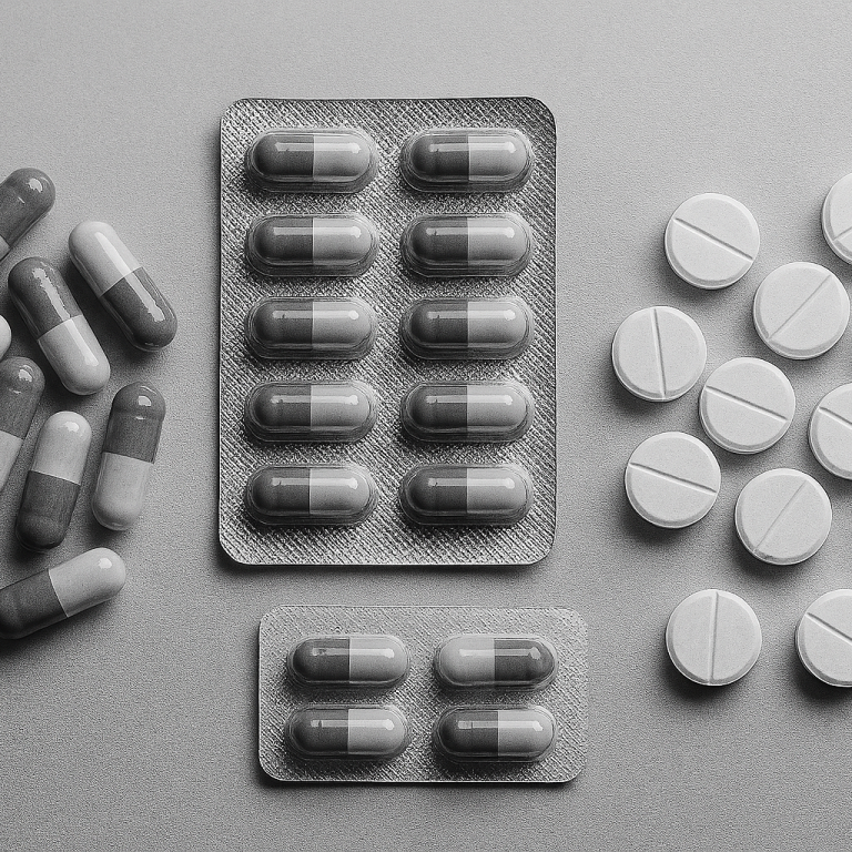 Pharmaceutique Assortiment de comprimés et gélules sur fond gris.