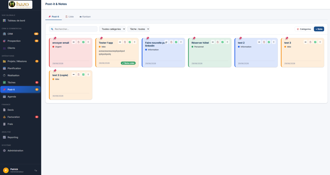 Hazo - Notes Interface de gestion de tâches avec cartes colorées pour organiser des projets.