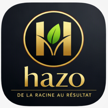 Logo de Hazo avec une feuille verte et le slogan « De la racine au résultat » en dessous.